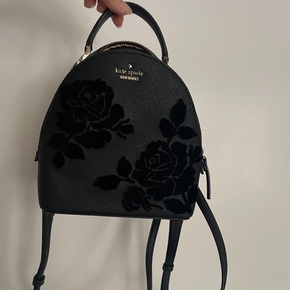 Kate Spade Cameron Street Binx Backpack Black Leather Flocked Rose with COA Kate Spade Black Leather Cameron Street Flock Roses Binx  main image 4